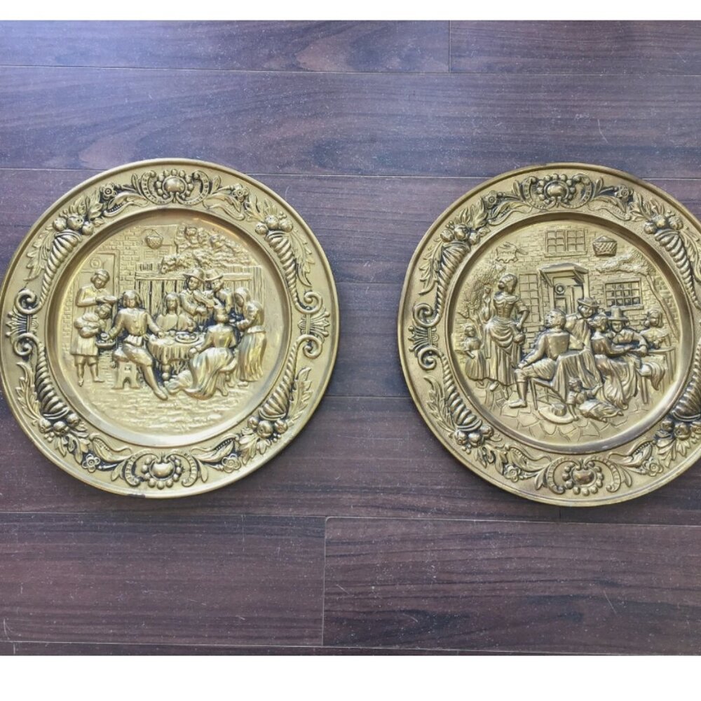 2 Vintage Peerage Brass 14 1/4" Wall Plate "Pilgrims" Made In England